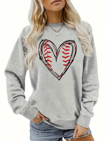 Plus Size Women's Heart Print Drop Shoulder Long Sleeve Sweatshirt
