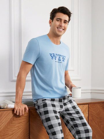 Men's Letter Printed Short Sleeve Top & Plaid Pants Homewear Set