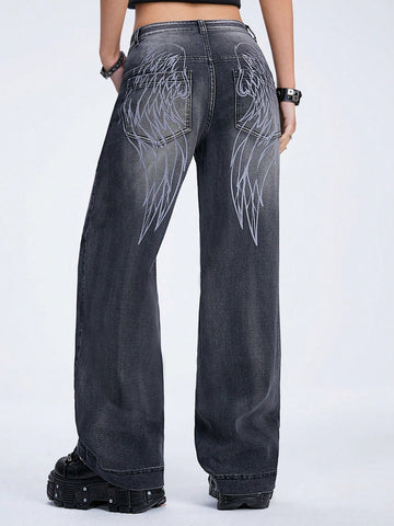 Back Wings Printed Straight Cut Denim Jeans