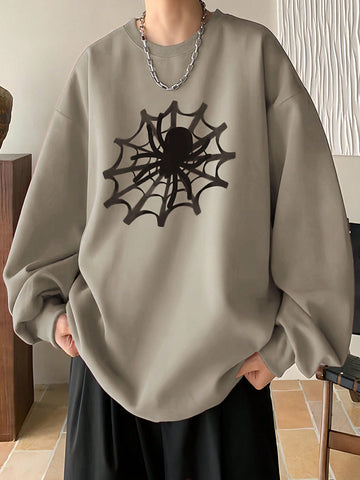 Men's Spider Web Print Drop Shoulder Loose Fit Pullover Sweater