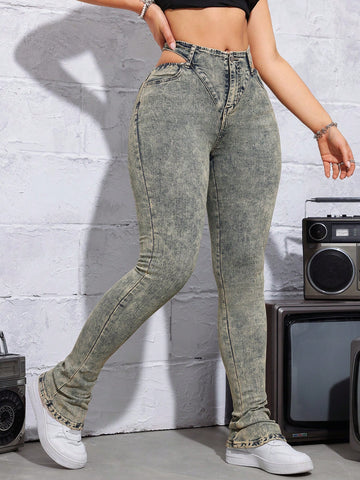 Street Style Elastic Hollow Out High Waisted Flared Jeans