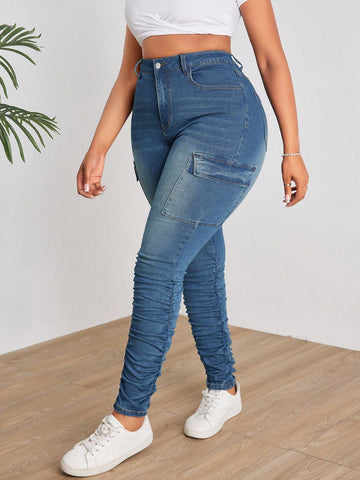Plus Size Washed Wrinkled Skinny Jeans With Flap Pocket