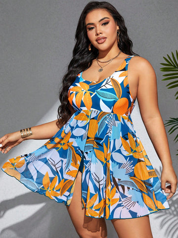 Plus Size One Piece Swimsuit With Botanical Print