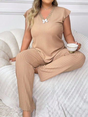 Plus Size Bow Decorated Jacquard Ribbed Pajama Set