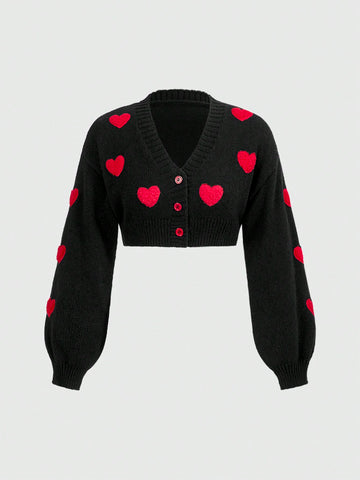 Heart Patterned Short Cropped Cardigan With Lantern Sleeves