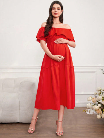 Solid Color Maternity Off-Shoulder Dress With Waist Tie