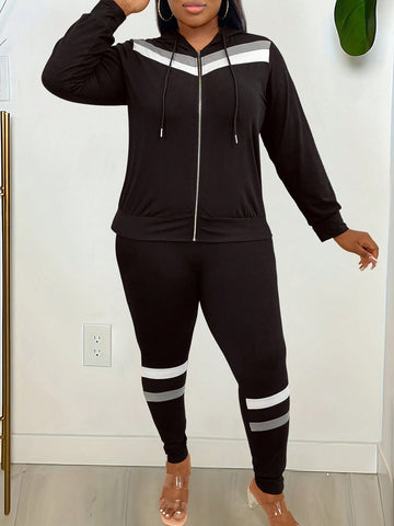Plus Size Color-blocked Long Sleeve Hoodie And Pants Casual Two-piece Set