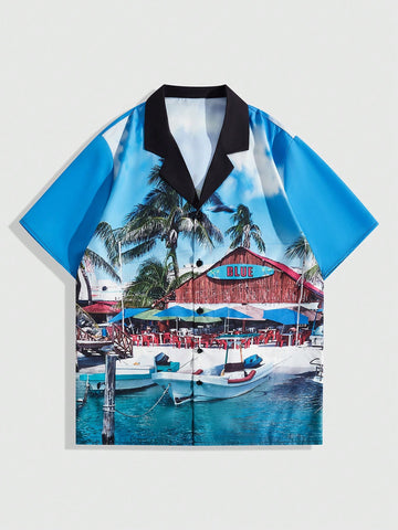 Men's Vacation Scenery Printed Short Sleeve Beach Shirt
