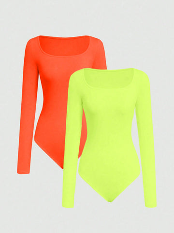 Ladies Solid Color Square Collar Long-Sleeved Bodysuit