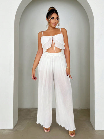 Summer Vacation Elegant White Pleated Chiffon Two Piece Set For Women, With Halter Cropped Tank Top & Loose Wide Leg Pants