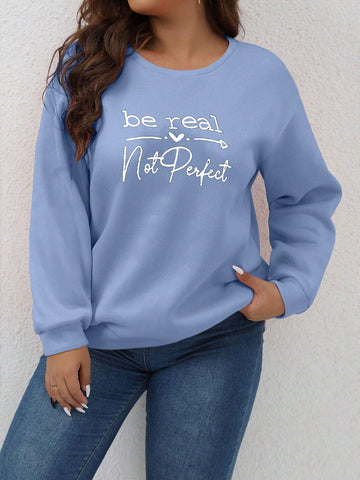 Plus Size Women's Round Neck Long Sleeve Sweatshirt With Slogan Print