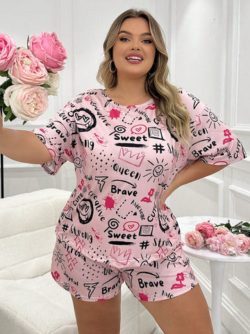 Plus Size Cool Letter And Heart Print Pajama Set