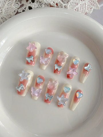 10pcs/Package Long Press On Nails, Mocha - Starfish & Mr. Rabbit Pattern, With Jelly Glue Included (Starfish & Butterfly Pattern Randomly)