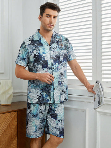 Men's Lapel Collar Short Sleeve Shirt & Shorts Set With All-Over Print For Homewear