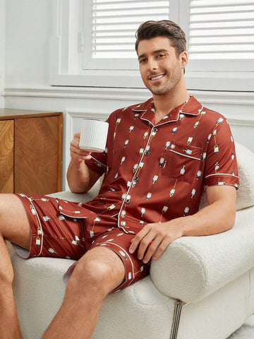 Men's Full Print Contrast Piping Homewear Set