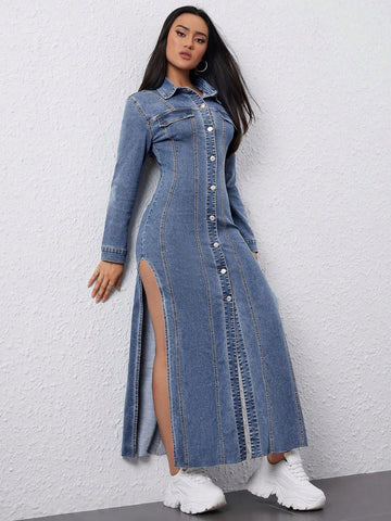 Ladies' Thigh-High Slit Denim Dress With Front Buttons