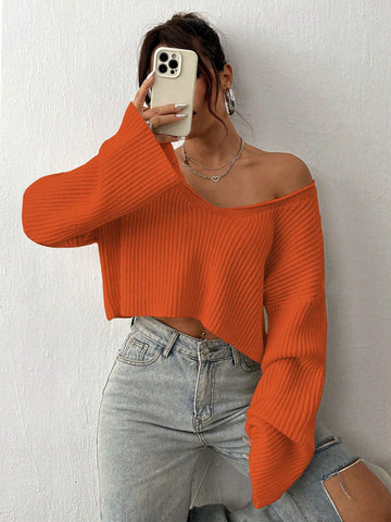 Texture V-Neck Solid Color Casual Sweater