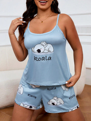 Plus Size Casual Fun Cartoon Koala Printed Pajamas Camisole Set