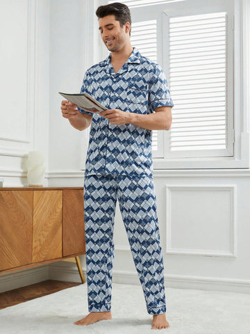 Men's Geometric Print Short Sleeve And Long Pants Home Wear Set