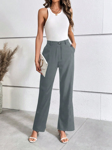 Women's Solid Color Straight Suit Pants With Pockets