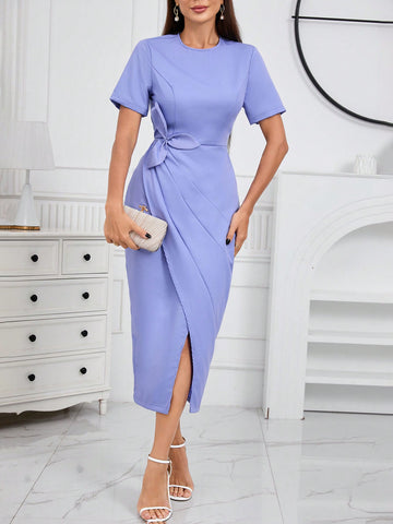 Women's Solid Color Wrap Belted Dress
