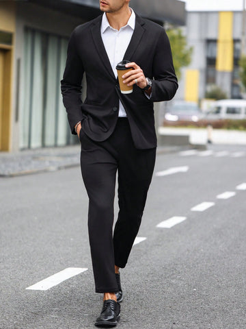 Men's Solid Color Patch Collar Long-Sleeved Suit Jacket And Pants Suit