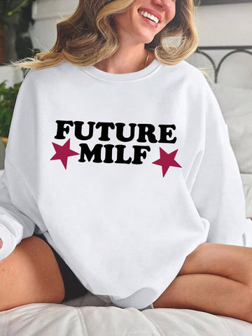 Women's Plus Size Long Sleeve Sweatshirt With Printed White Color For Spring And Autumn