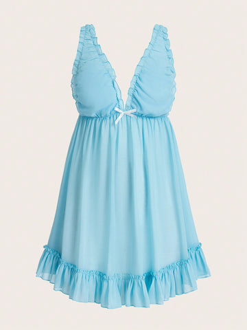 Solid Color Chiffon Sexy Nightgown With V-Neckline & Frilled Edge & Bow Decoration
