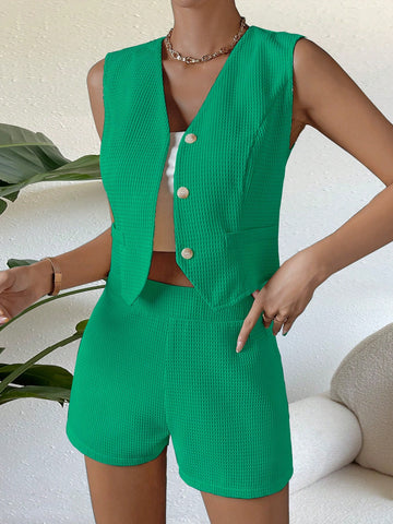 Ladies' Solid Color Single Button Vest And Shorts Suit