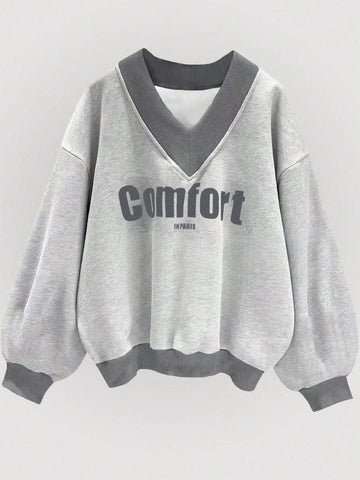 Women's Letter Print Loose Fit Pullover Sweatshirt With Color Block And Drop Shoulder Design