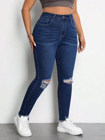 Plus Size Skinny Jeans With Distressed Detail And Frayed Hem