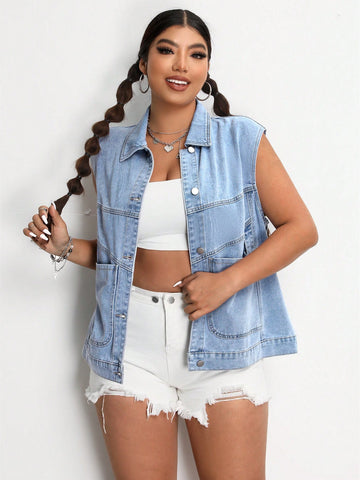 Plus Size Sleeveless Denim Jacket With Double Pockets, Loose Fit Casual Style