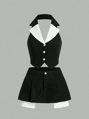 Color Block Lapel Single-Breasted Suit Vest & Skirt Suit