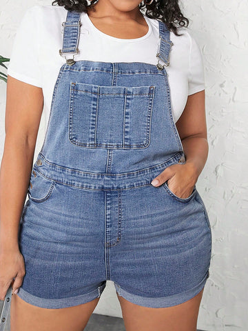 Plus Size Water Wash Denim Overalls Shorts With Slanted Pockets