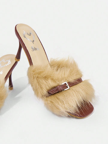 Women's Fashion Square Toe Furry Evening High Heel Sandals With Thin Heel