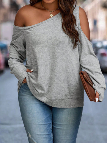 Plus Size Solid Color Open Shoulder Asymmetrical Sweatshirt