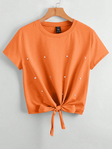 Women's Plus Size Pearl & Stud Decor Butterfly Knot T-Shirt