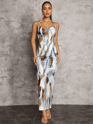 Abstract Print Sexy Big Backless Cross Strap Gathered Pleated Draped Halter Neck Scarf Hem Top And Low Waist Long Slit Skirt Women's Two Piece Set
