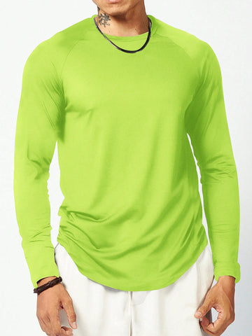Men's Solid Color Round Neck Long Raglan Sleeve Sports T-Shirt Workout Tops