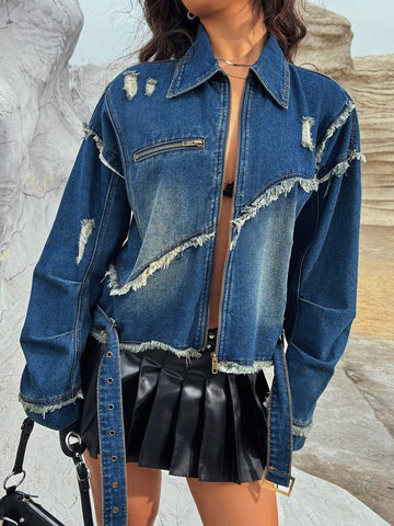 Women's Y2k Style Frayed Edge Denim Jacket