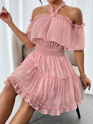 Solid Color Halter Neck Ruffle Trim Decorated Waist Belted Dress