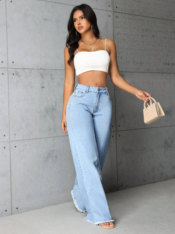 Jeans With Pockets, Zipper, And Wide Leg Design