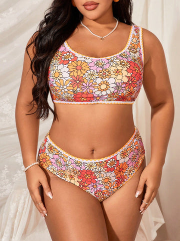 Plus Size Floral Printed Bikini Set With Round Neckline