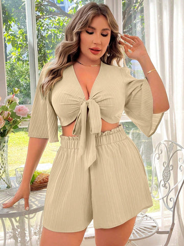 Plus Size Ladies' Monochrome Knot Front Bell Sleeve Top And Shorts Set