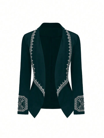 Women's Plus Size Geometric Embroidery Open Front Blazer Jacket
