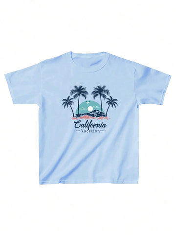 Plus Size Women's Letter & Palm Tree Printed Short Sleeve T-Shirt