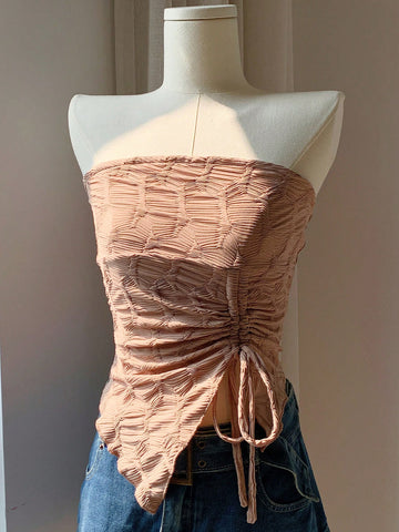 Ladies' Solid Color Textured Strapless Top With Drawstring And Pleats