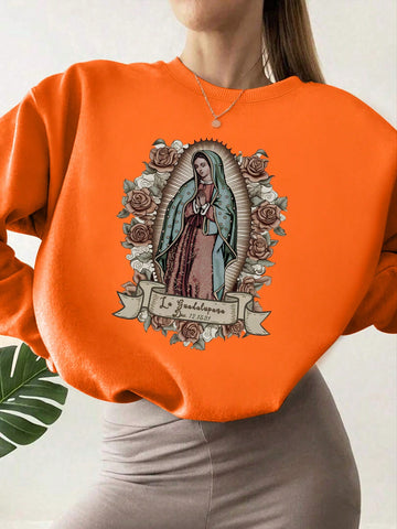 Virgin Mary Flower Printed Drop Shoulder Sweatshirt