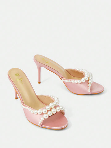 Women's High Heel Pearl Chain Detail Pointed Toe Sandals