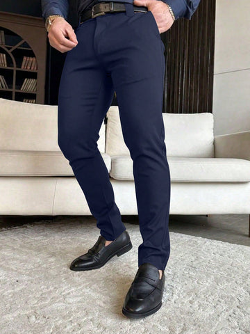 Men's Solid Color Slim Fit Casual Suit Pants With Slanted Pockets